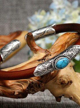 西藏山南有节鸡血藤手镯藏银绿松石款本命年饰品民族风情侣手镯