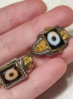 一眼佛眼朱砂玛瑙天珠戒指S925银镶钻精致豪华男女款收藏品