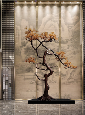中式迎客松铁艺摆件玄关落地金属不锈钢松树雕塑装饰轻奢造景定制
