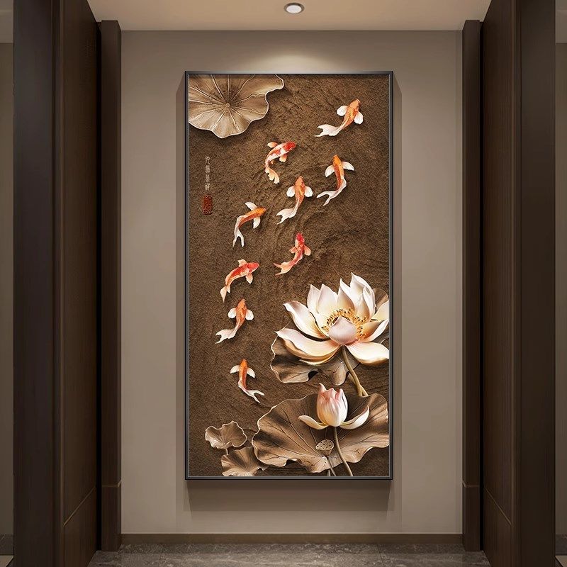 新中式九鱼图玄关装饰画入户正对门挂画高级感荷花走廊过道墙壁画,淘宝优惠券,粉丝福利购,淘宝优惠卷