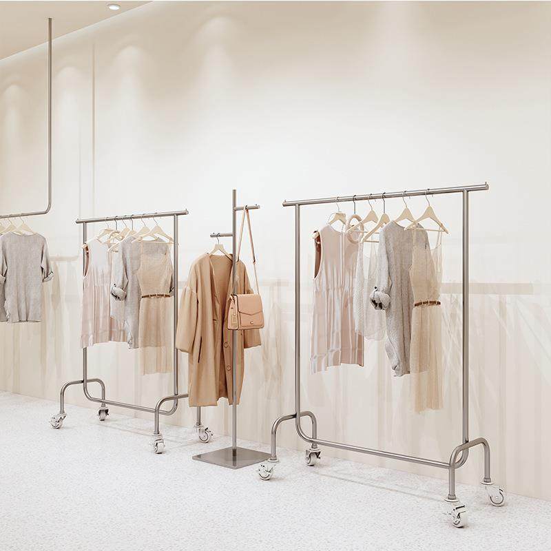 服装店展示架挂衣杆不锈钢带轮子银色中岛落地式网红女装店货架,淘宝优惠券,粉丝福利购,淘宝优惠卷