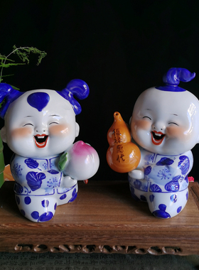 陶瓷摆件中式创意摆设结婚送礼雕塑可爱手绘青花陶瓷娃娃家居装饰