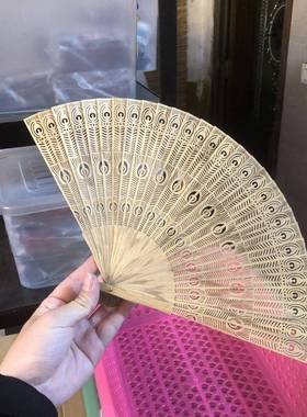 金丝楠木羽翎折扇扇子镂空雕古典中国折叠古风装饰品中式摆件