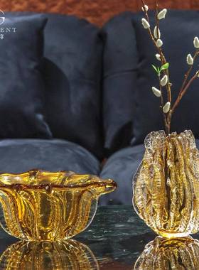 晶淳 现代琥珀色圆球褶皱花瓶 售楼处 样板间装饰品玻璃摆件插花