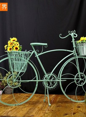田园铁艺自行车花架子p欧式创意摆件家具饰品商场店铺橱窗装饰道