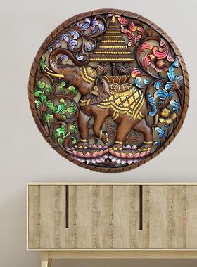 泰国工艺品镂空实木圆形大象雕花板挂板东南亚复古装饰品花藤壁饰