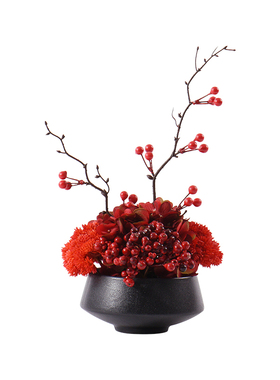 新中式摆件仿真花红色发财果玄关酒店餐厅客厅茶几盆景喜庆装饰品