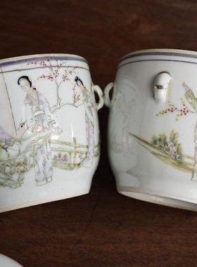 清代老式陶瓷工笔罐猪油罐糖罐带盖味精调味储物罐家用辣椒油罐盐