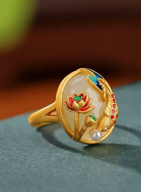 复古民族风好运锦鲤莲花莲蓬戒指女个性鲤鱼气质开口指环国潮饰品