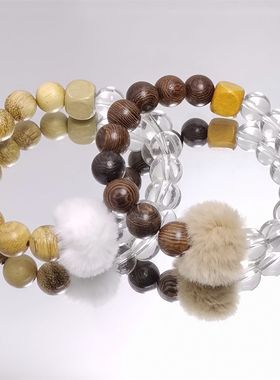 原创国潮木质冬季毛球水晶手链高级感时尚个性百搭学生情侣手饰