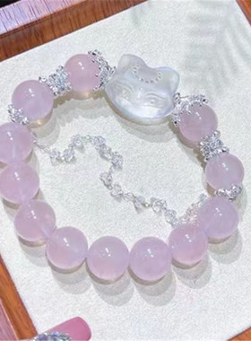 天然粉晶白水晶九尾狐狸头猫咪手串时尚设计果冻粉大气女款手链批