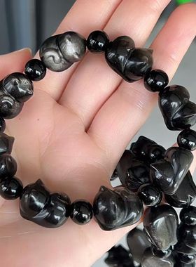 天然银耀石趴趴猫手链新中式复古黑色手串招财上岸男女款情侣款厂