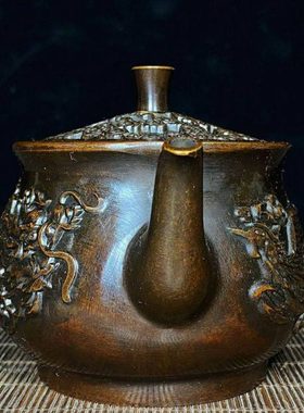 古玩收藏纯铜龙凤茶壶水壶酒壶铜器工艺品家居办公室吧台装饰摆件