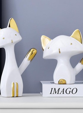 猫咪摆件轻奢玻璃柜儿童陶瓷萌趣动物客厅艺术品乔迁新居礼物卧室