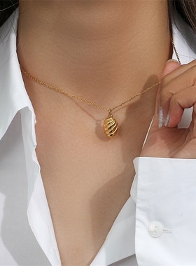 eManco真空电镀钛钢不掉色项链纹路女孩简约几何椭圆吊坠金色颈链