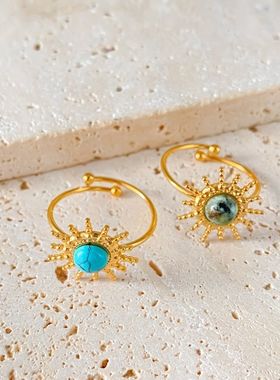 eManco钛钢不掉色开口可调节戒指国风复古指环手指装饰金色太阳花