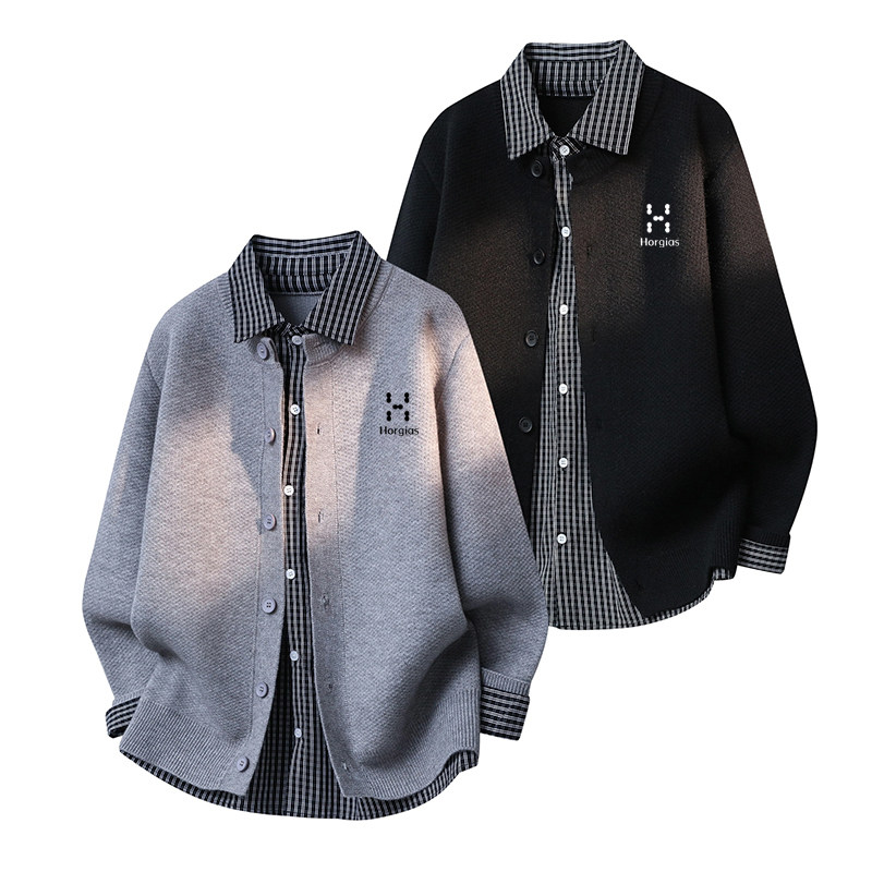 火柴棍山系复古假两件格子拼接衬衫领针织开衫男士宽松毛衣外套潮,淘宝优惠券,粉丝福利购,淘宝优惠卷