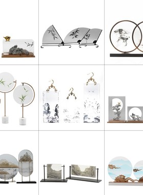 新中式创意亚克力金属鸟笼艺术品山水摆J件酒店客厅书房玄关装饰