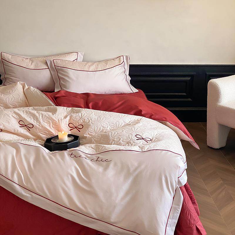 100支全棉四件套简约绗缝花纹蝴蝶结刺绣宽边被套床单双人床品,淘宝优惠券,粉丝福利购,淘宝优惠卷