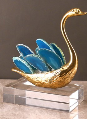 铜天鹅家居客厅酒柜摆件轻奢创意办公室天然玛瑙水晶石工艺装饰品