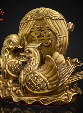 纯黄铜鸳鸯戏水摆件一对卧室美好祝福结婚礼品婚礼桌面客厅装饰品