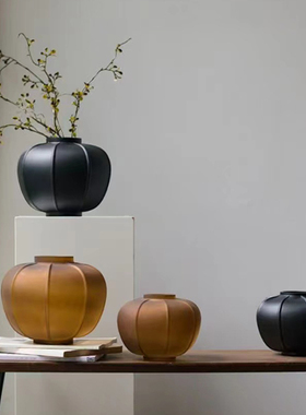 新中式荆褐色黑色蒙砂灯笼型玻璃花器花瓶摆O件现代样板间酒店装