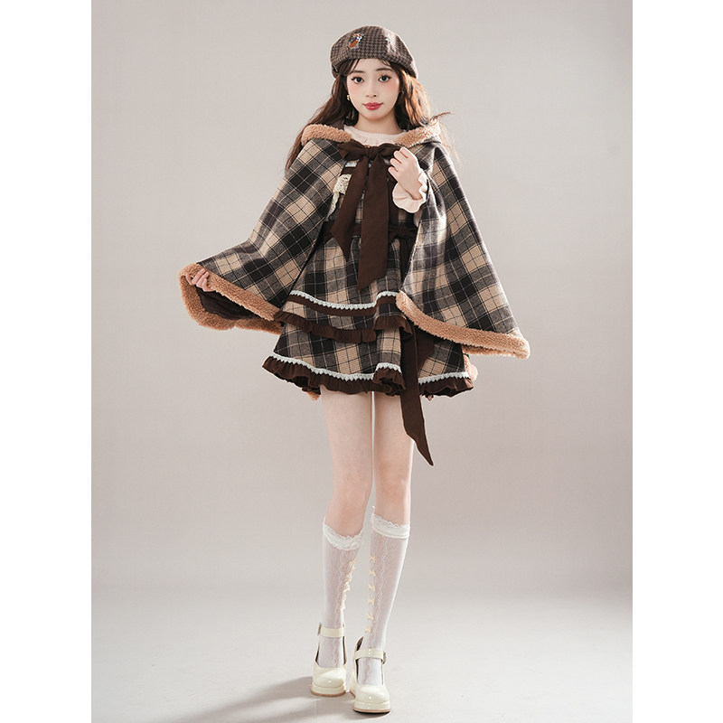 咖色格子夹棉斗篷连帽毛呢保暖披风女+咖格蛋糕裙+粉杏花边上衣,淘宝优惠券,粉丝福利购,淘宝优惠卷