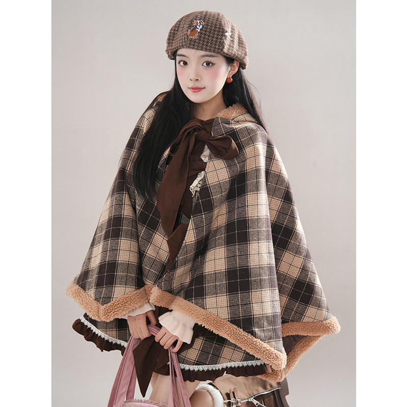 咖色格子夹棉斗篷连帽毛呢保暖披风女+咖格蛋糕裙+粉杏花边上衣,淘宝优惠券,粉丝福利购,淘宝优惠卷