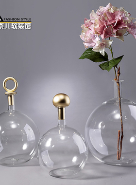 现代轻奢灰黑色圆球细口玻璃花瓶B样板房摆件几何金属铜盖创意花