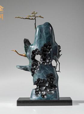 铜金岁月松山双鹤黄铜摆件客厅玄关铜器装饰品角几电视柜彩铜摆件
