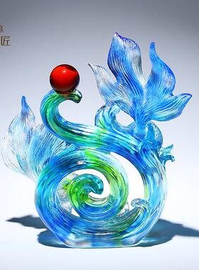 琉璃金鱼摆件玄关博古架装饰品客厅酒柜送领导长辈年年有余纯手工