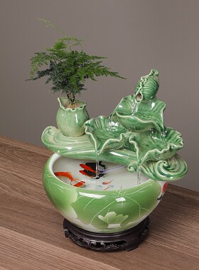 陶瓷鱼缸流水摆件喷泉家用小金鱼缸大号养鱼盆客厅加湿装饰品造景