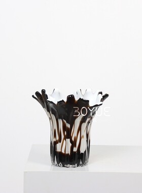 中古风泼墨白色花瓣口琉璃摆件轻奢玻璃花瓶客厅茶几果盘软装花瓶