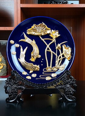 金箔漆线雕年年有余摆件纯手工客厅玄关酒柜电视柜办公室乔迁礼物