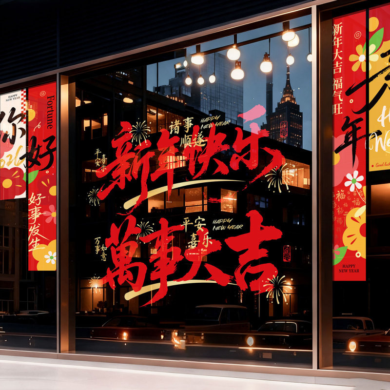 新年装饰窗花纸玻璃贴画静电贴2026马年新款橱窗过年春节元旦装饰