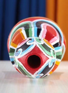 彩绘财神幡底座转金筒招财箭座y子锡杖实木彩绘底座手摇摆件圆口