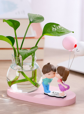 创意可爱卧室插花家居摆饰黄金葛水培桌面花瓶水培鲜花迷你简情侣