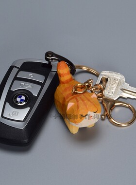 手工木雕猫咪钥匙扣链圈汽车书包挂件可爱精致挂饰饰品中秋节礼物