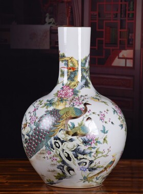 仿古陶瓷落地花瓶粉彩花瓶摆件工艺品家居客厅插花电视柜装饰品收