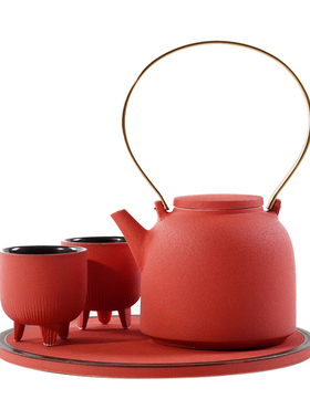 新中式样板房客厅茶几茶具茶室摆台红色陶瓷茶壶茶杯套装组合摆件