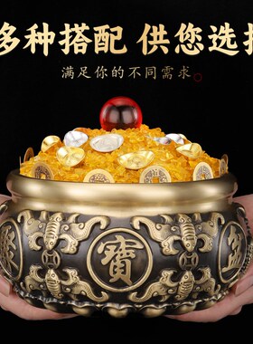 实心纯黄铜聚宝盆黄铜米缸招财铜摆件中式客厅家居办Y公室店铺存