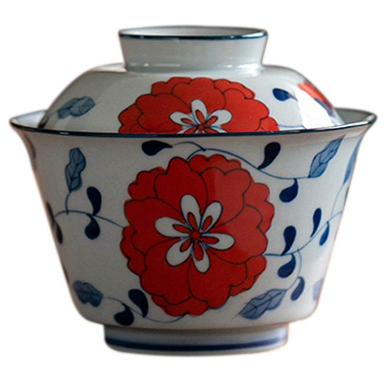 纯手绘牡丹盖碗茶杯单个陶瓷家用二才茶碗青花复古防烫茶具泡茶器,淘宝优惠券,粉丝福利购,淘宝优惠卷