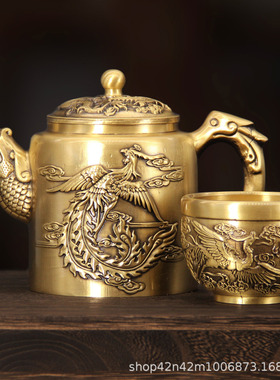 百福高茶壶黄铜家居摆件茶具办公室摆件麒麟茶壶茶桌装饰铜件