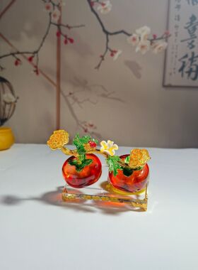 水晶柿柿如意摆件家居玄关客厅装饰摆件博古架装饰品琉璃双柿摆件