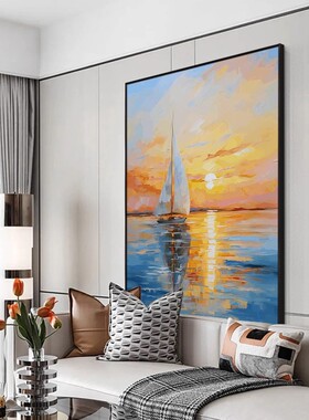 纯手绘一帆风顺油画入户玄关装饰画轻奢高档挂画沙发墙日出风景画