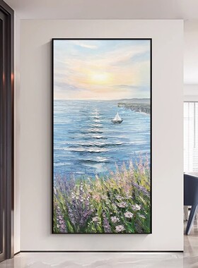 手绘油画现代简约玄关装饰画竖一帆风顺走廊过道挂画立体海景壁画