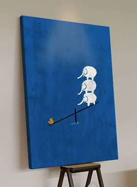 克莱因蓝色客厅玄关装饰画手绘油画小众创意三只小象儿童房挂画