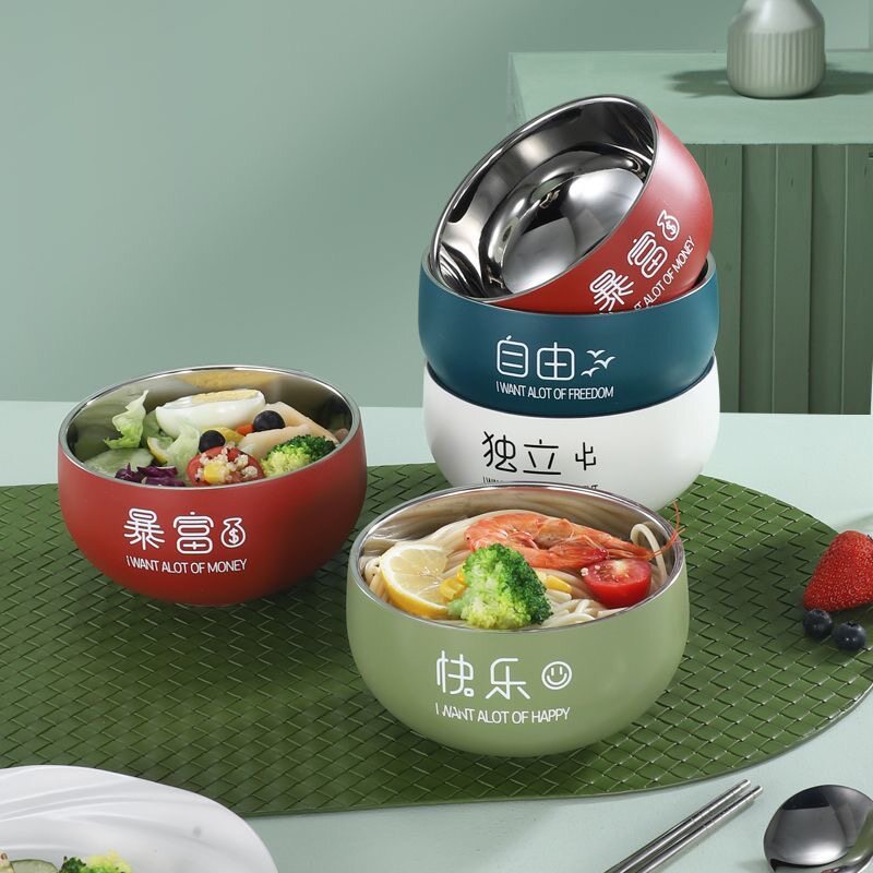 磨砂304不锈钢双层饭碗食品级家用儿童防烫汤碗学生宿舍成人大碗