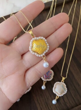 宋锦花朵项链铜镀18k金盒子链新中式贴布手工吊坠古风汉服配饰女
