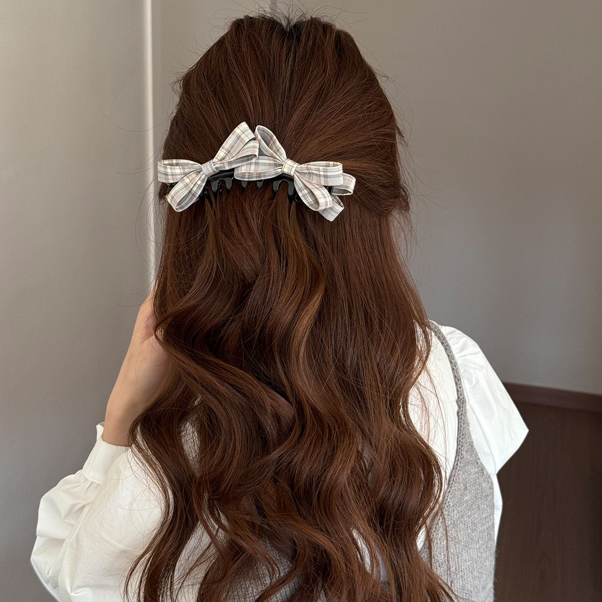 韩系甜美百搭粉立体格纹双蝴蝶结香蕉夹女2026新款高马尾发夹,淘宝优惠券,粉丝福利购,淘宝优惠卷